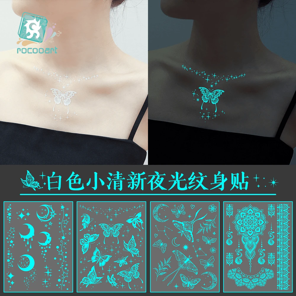 海娜夜光白色蝴蝶夜光纹身贴脸贴蝴蝶手臂贴锁骨贴纸