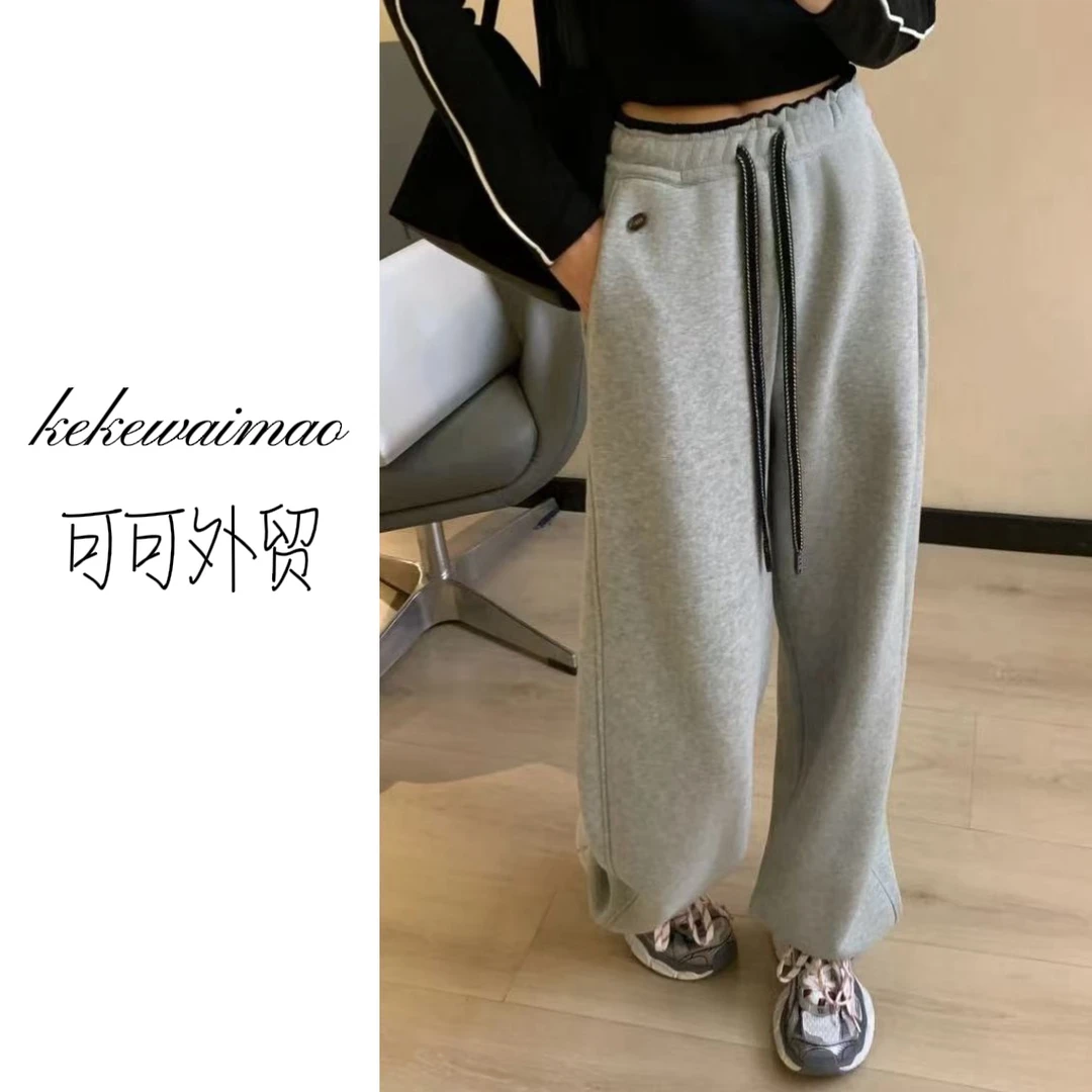 K.K-【软绵绵】韩系冬款加绒加厚束脚休闲高腰直筒抽绳卫裤F-8195