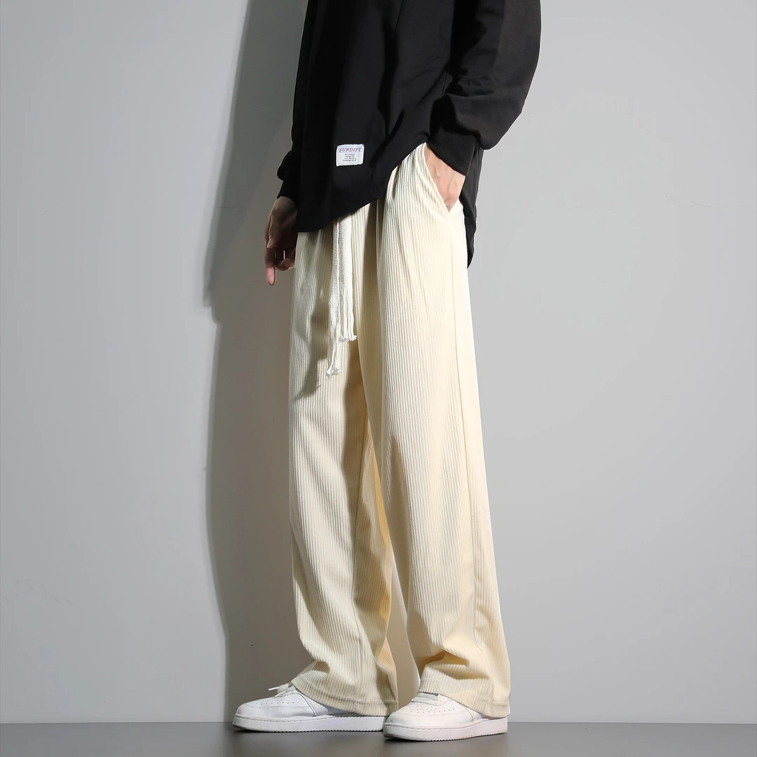 日系春夏男士雪尼尔宽松直筒裤潮牌INS灯芯绒拖地阔腿运动卫裤子