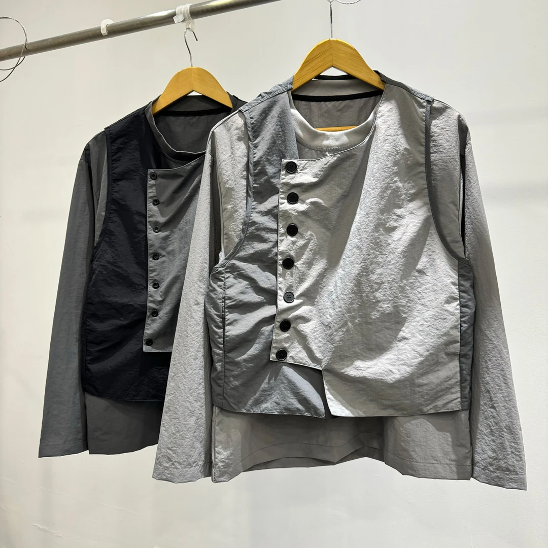 秋季个性百搭拼接撞色真两件可拆分长袖套头衫男士潮流休闲上衣服