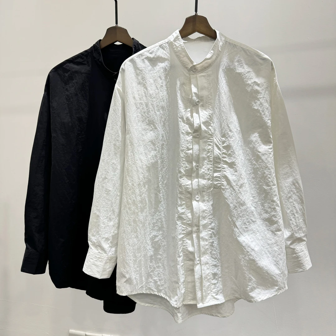 秋季新品时尚百搭褶皱立领长袖衬衣男士潮牌博主休闲宽松衬衫上衣