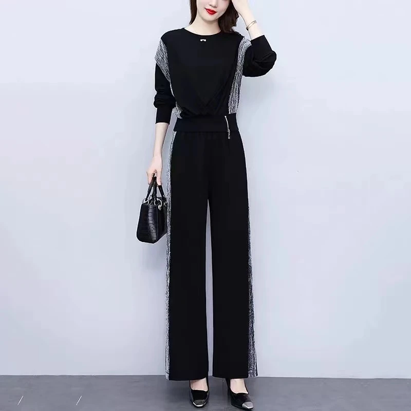 大码女士套装女2024秋冬新款高级感显瘦撞色长袖上衣休闲裤两件套