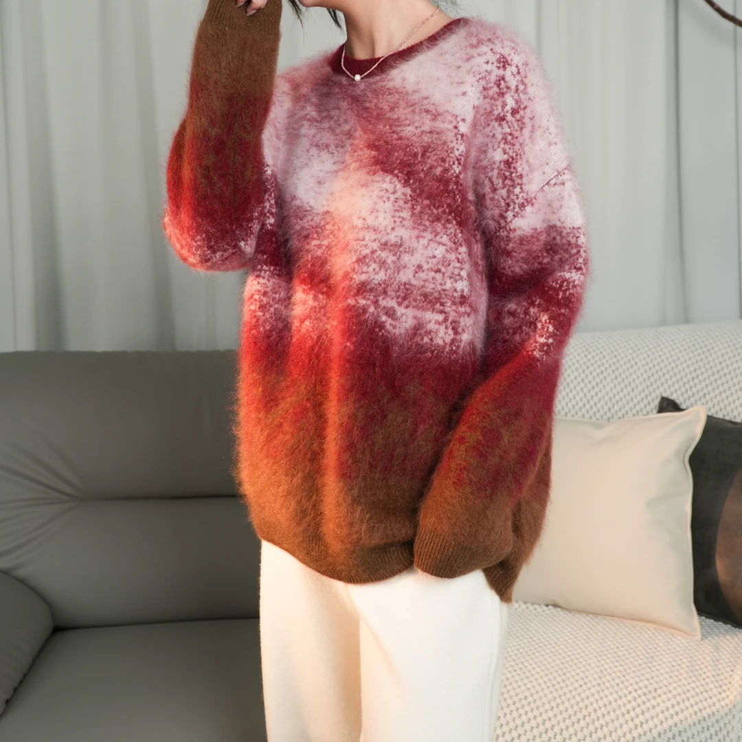 JIQING/吉卿渐变色羊绒衫女士拉绒洋气针织百搭轻奢圆领秋冬029