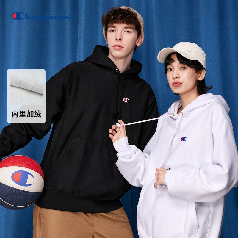 Champion2023秋冬新款男士小C标连帽套头卫衣加绒宽松休闲情侣装