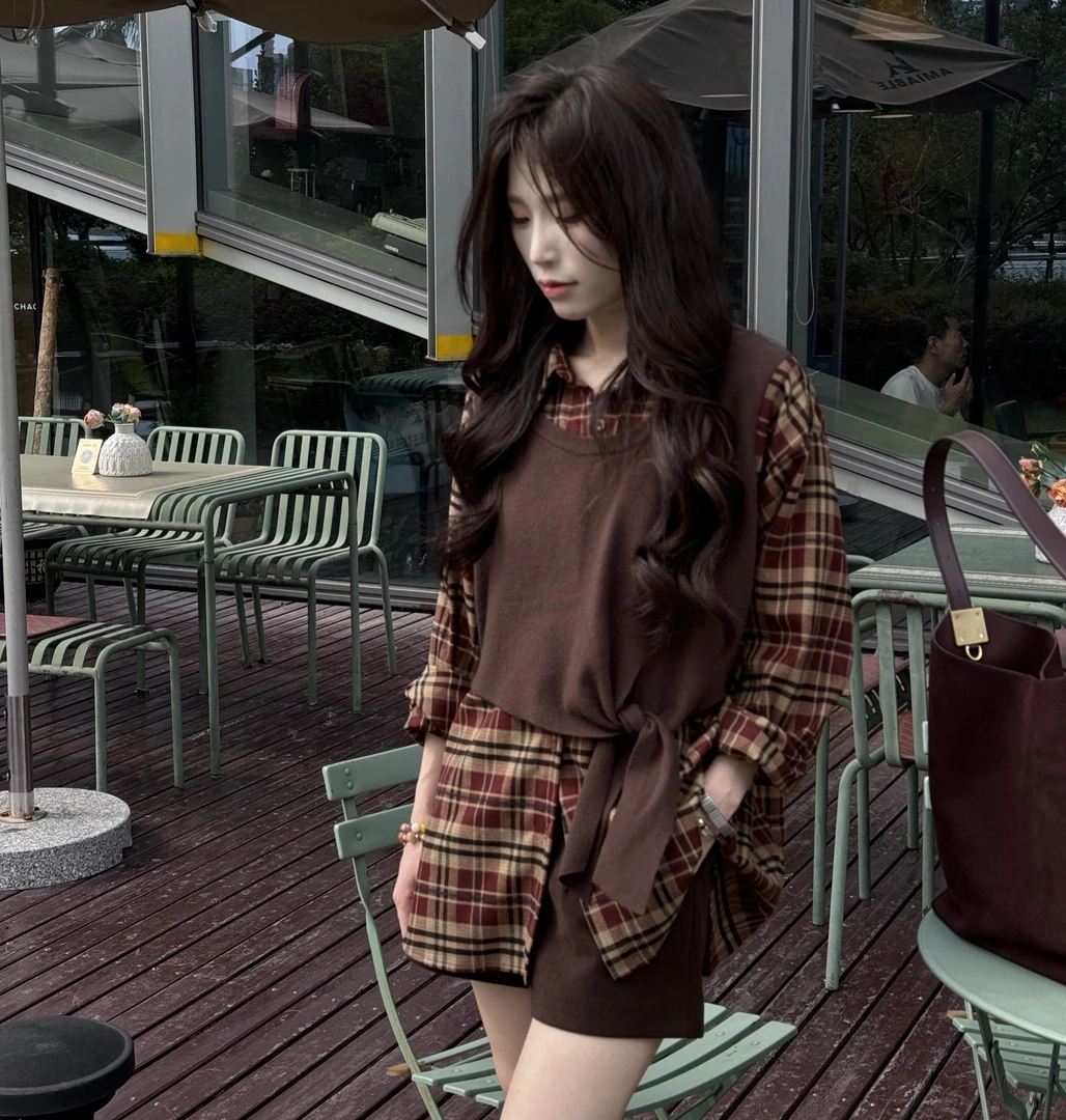 FANXI钒溪【马德拉斯】秋季上新格纹针织假两件背心格子针织衫女款