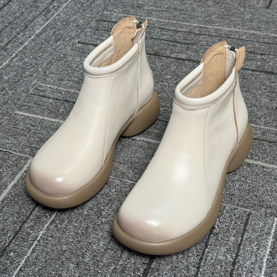 头层牛皮短靴秋季新款软皮软底防滑耐磨舒适真皮休闲手工复古女鞋