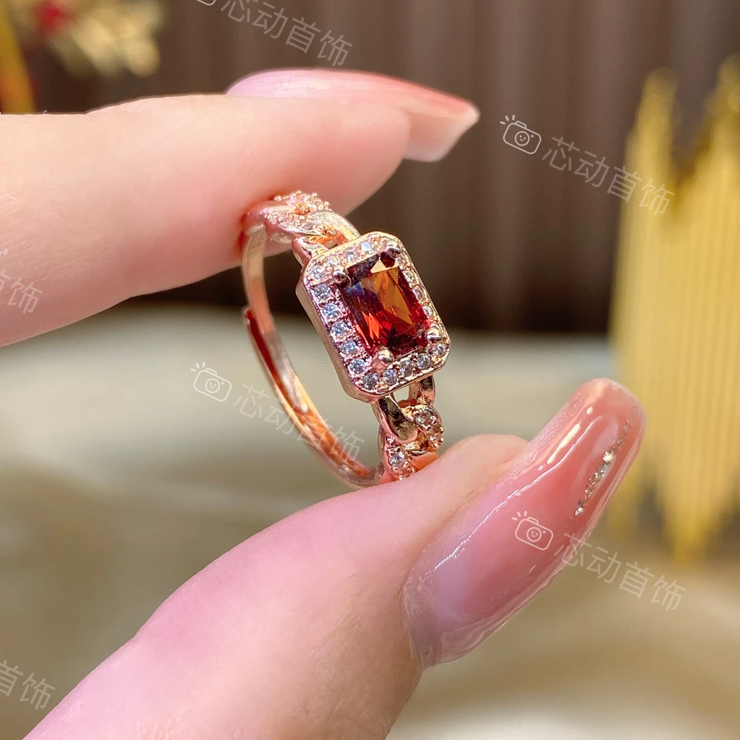 新品戒指【半秋】4×6mm人工橘红色宝轻奢镶嵌石榴高级简约k1311