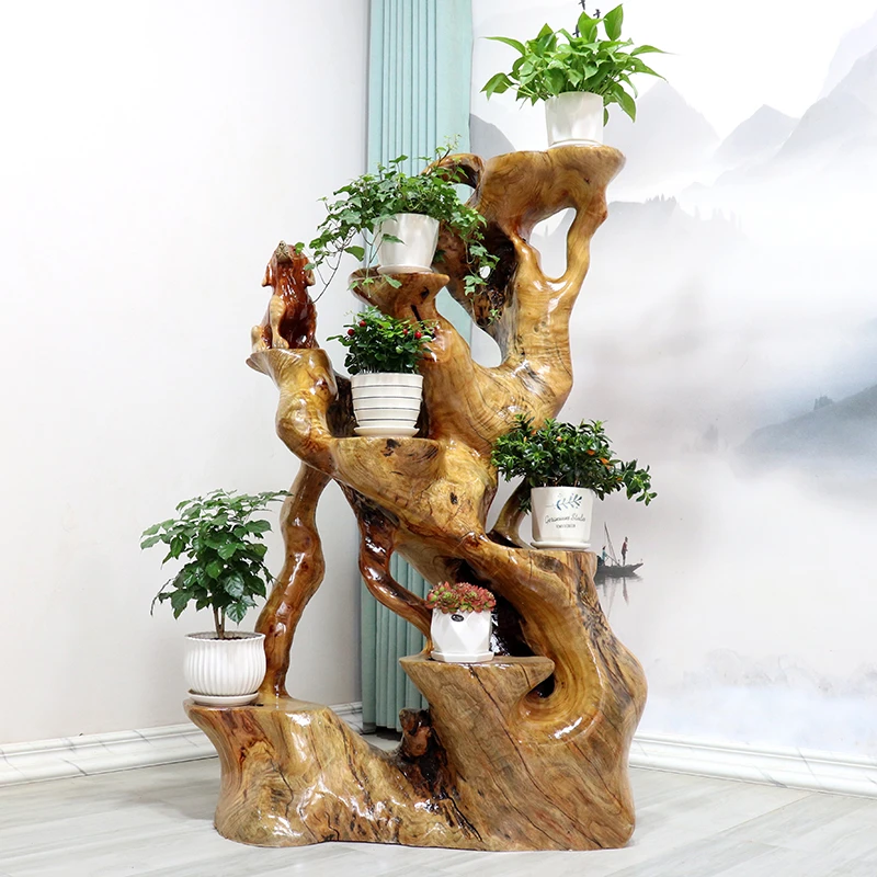 实木根雕花架天然艺术根艺客厅落地多层树根底座摆件盆景架置物架