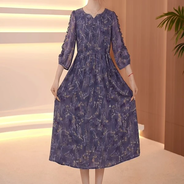 碎花秋季优雅纯色时尚中长款妈妈装轻奢收腰洋气法式女装连衣裙