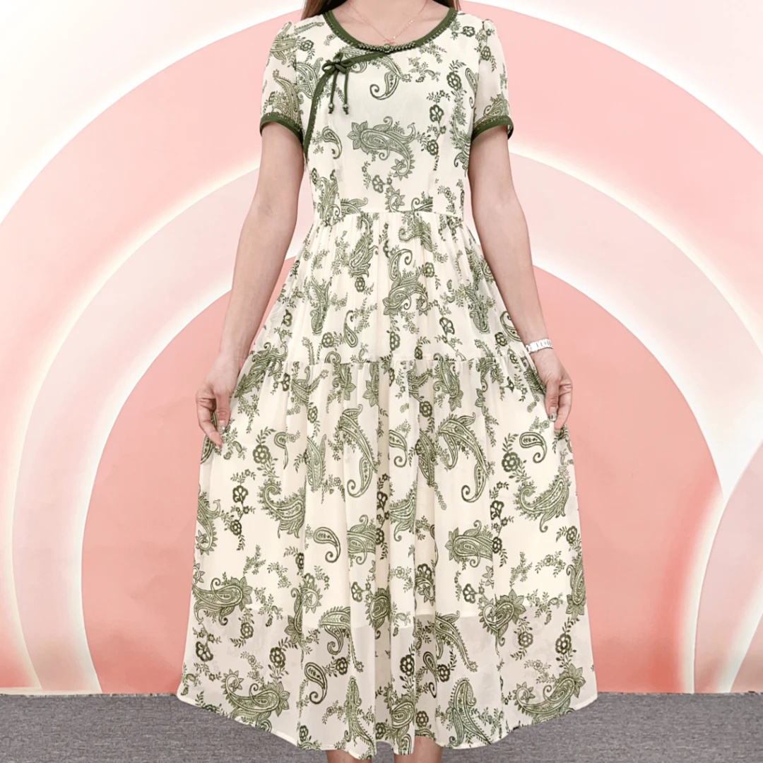 2023春夏洋气显瘦印花短袖时尚气质修身妈妈装新中式连衣裙