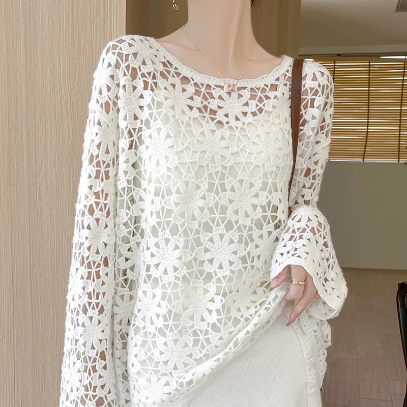 100纯羊毛女士时尚简约大气镂空款轻奢圆领修身简约洋气针织衫