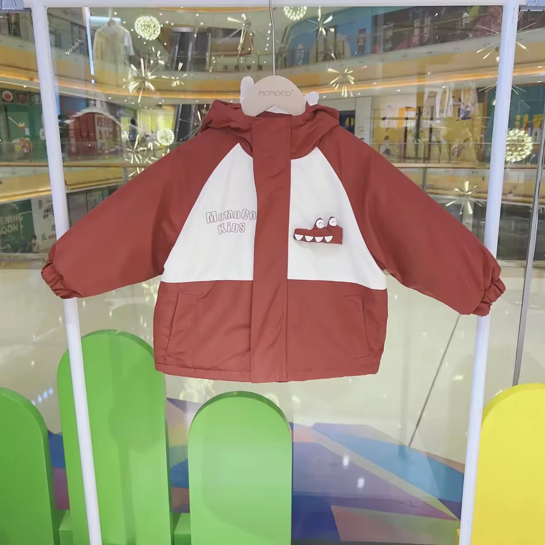MOMOCO冬季男童冲锋衣三防冬款拼色恐龙连帽加棉外套75480125006