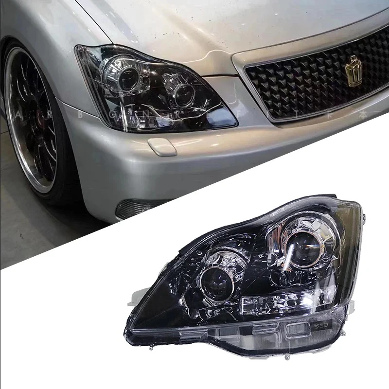 05-09年12代皇冠改装四透镜大灯LED双光四透镜熏黑底前大灯总成银