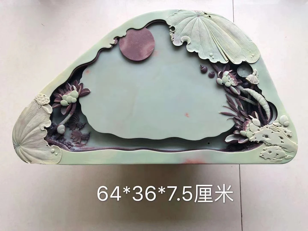 紫袍玉石茶盘荷塘月色精致大号—连年有余，老双带石料手工雕刻家用