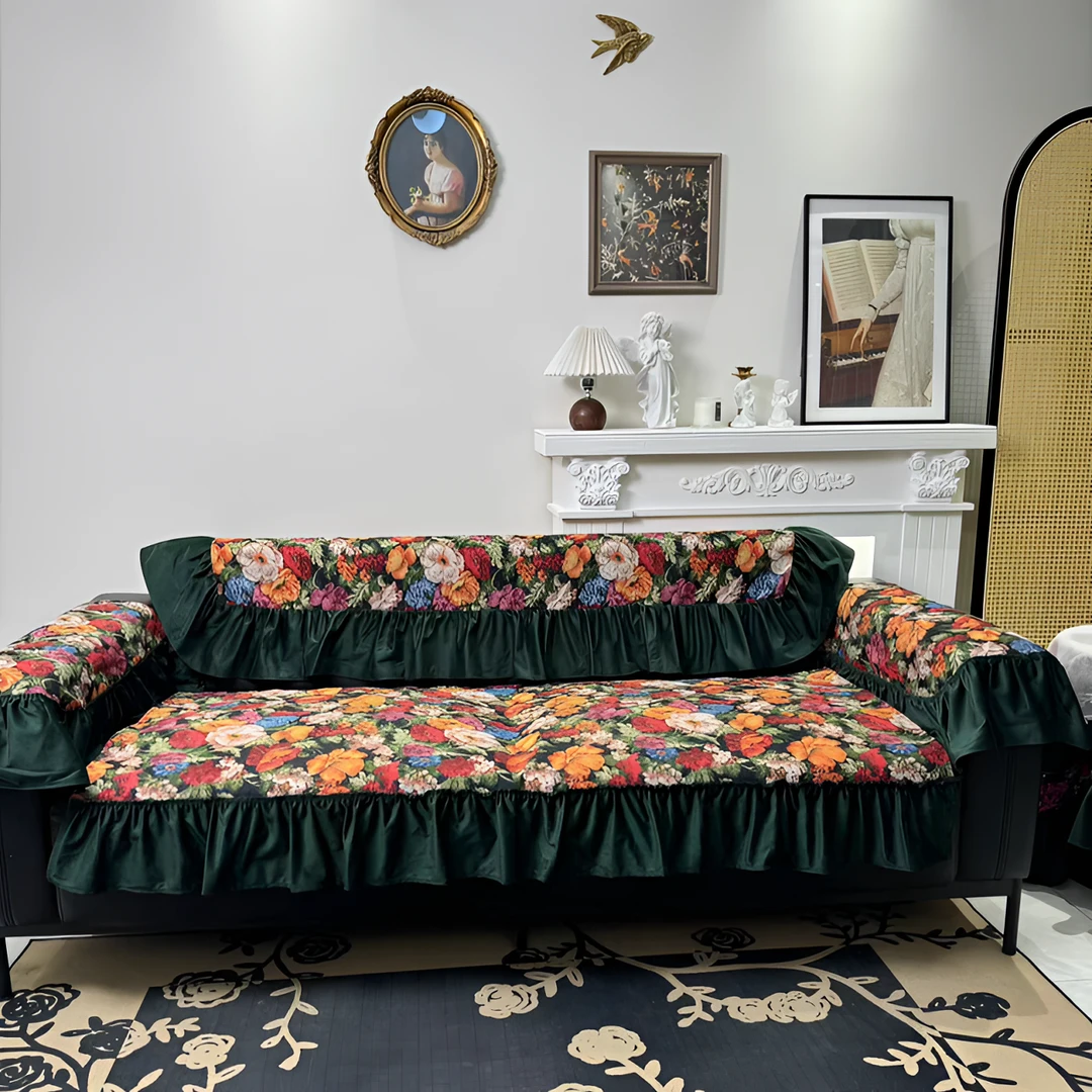 复古花卉沙发垫高级感布艺沙发巾防滑耐脏万能沙发盖巾ins高颜值