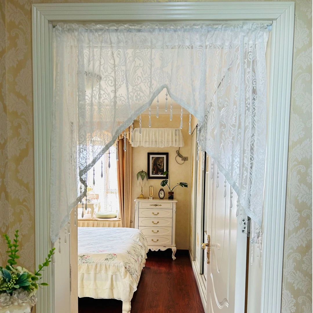 法式门帘吊珠免打孔隔断帘半截厨房拱形半帘三角遮挡帘