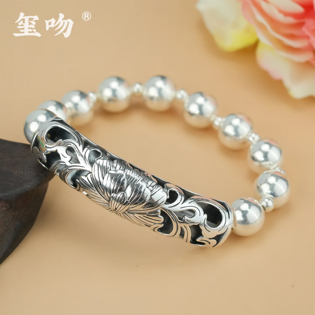 足银手链 【玺吻】足银手链 花开富贵光珠牡丹花弯管路路通足银手链