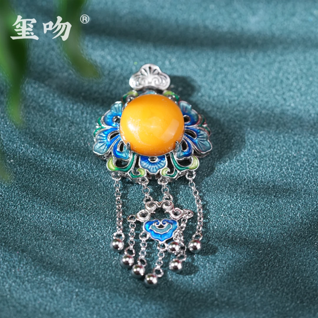 【玺吻】s925银镶嵌 蜜蜡祥云流苏吊坠  国风 手工 珐琅彩 烧蓝工艺