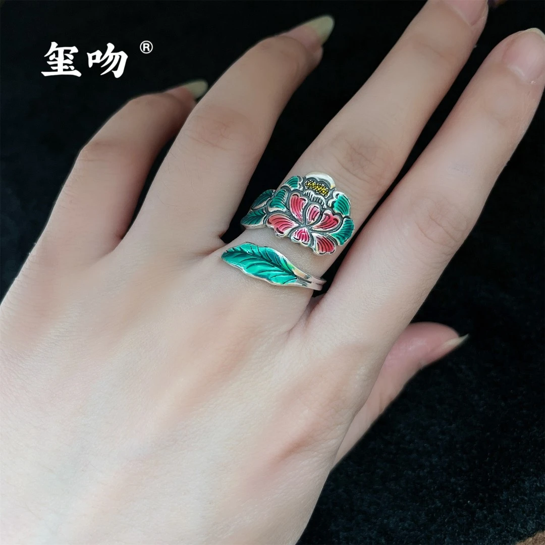 925银戒指 JZ109【玺吻】S925银  珐琅彩烧蓝 国色天香牡丹花开口戒