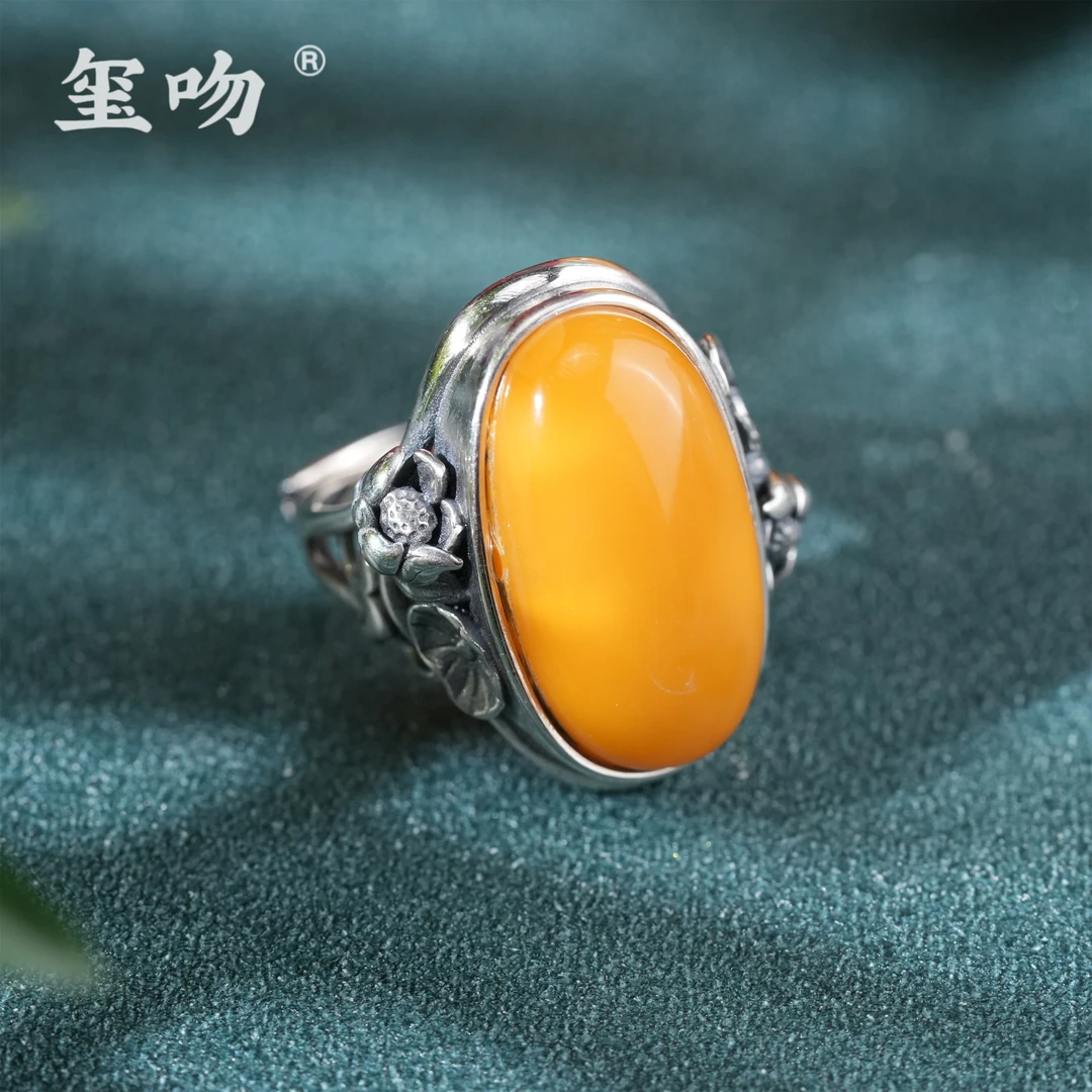 【玺吻】s925银镶嵌 荷塘月色蜜蜡戒指 椭圆形蛋面戒指  气质  复古