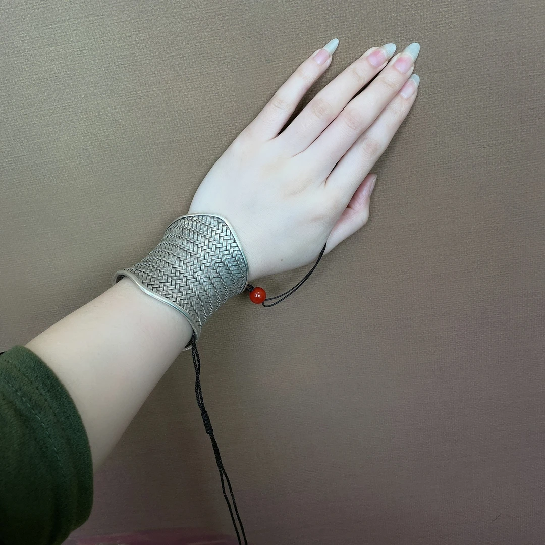 足银手镯 【玺吻】足银纯手工做旧编织开口手镯头盔两用手镯SZ005