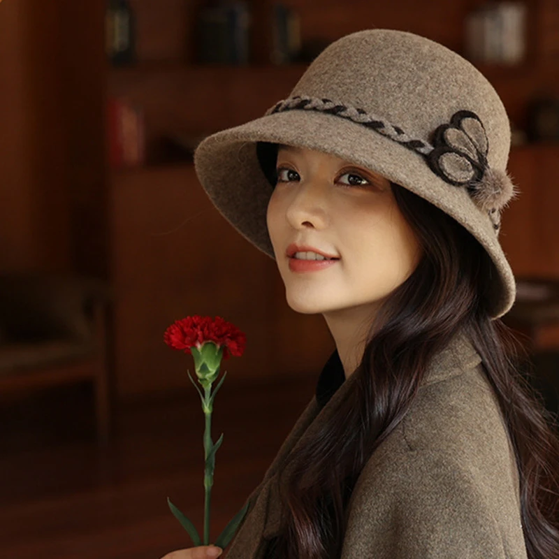 2024春秋新款大沿渔夫帽显脸小中年妈妈百搭保暖帽子冬季羊毛呢帽
