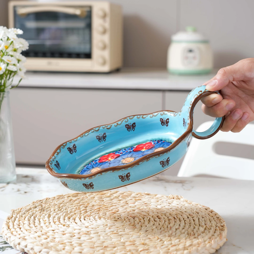 【西里西亚】手绘琉璃蓝-10英寸曲把盘