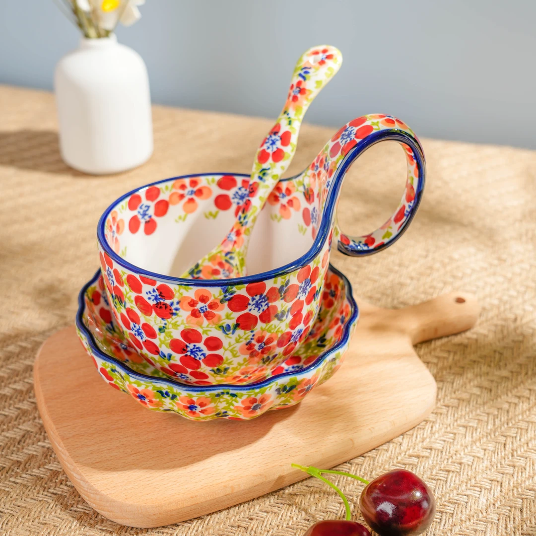 【西里西亚】手绘碧丝粉黛-450ml曲把杯（三件套）