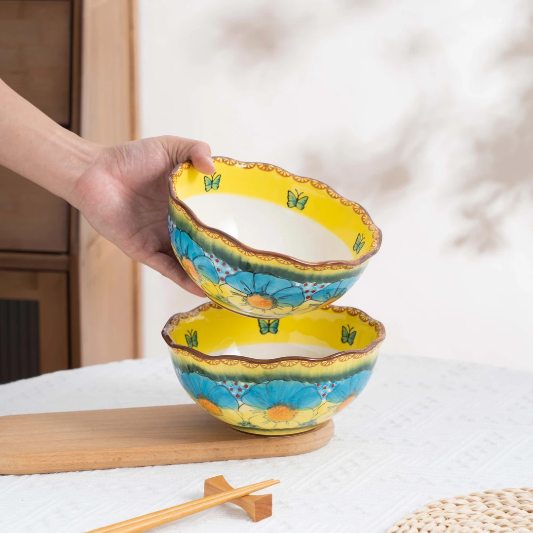 【西里西亚】手绘琉璃黄-6.5寸花边碗（两个装）