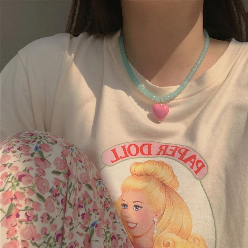 颜色超美!粉色+蓝色桃心项链少女心撞色时髦甜酷辣妹锁骨链颈链