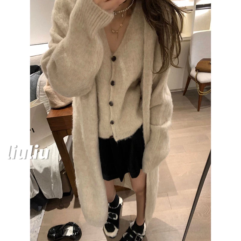 韩版慵懒风针织长款开衫马甲显瘦两件套纯色毛衣套装秋冬新款套装
