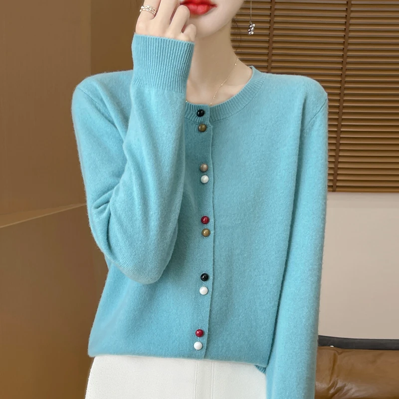 百搭开衫女外套彩色扣子外搭秋冬长袖外穿毛衣薄款圆领多巴胺上衣