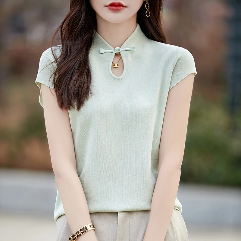 新中式立领针织衫女国风盘扣夏季温柔白色女百搭甜美气质显瘦上衣