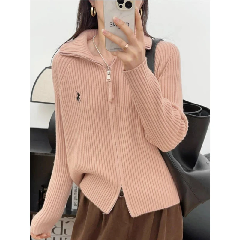 高领双拉链刺绣毛衣女2024新款开衫上衣外套长袖针织衫毛衣外穿搭