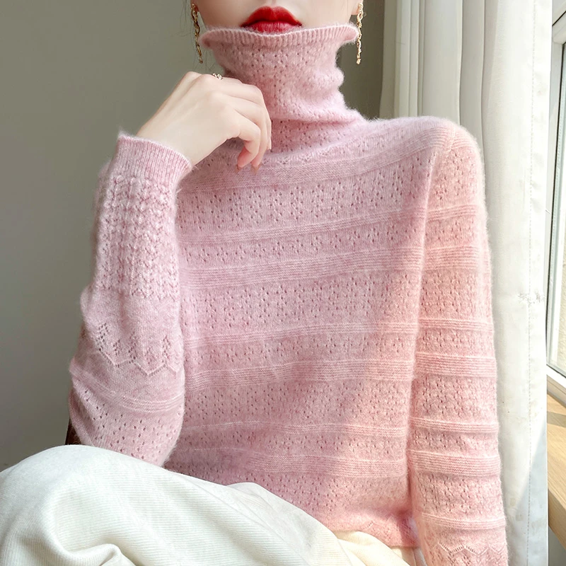 羊毛女士一线成衣镂空堆堆领打底毛衣慵懒风简约纯色宽松舒适软糯