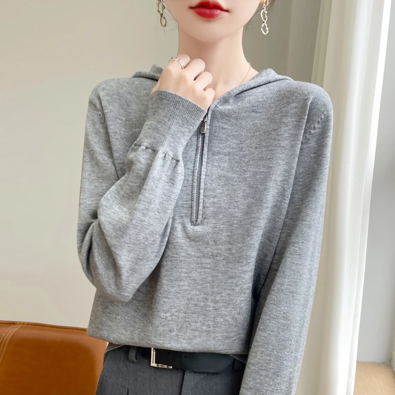 休闲半拉链连帽针织卫衣女宽松减龄长袖秋冬带帽内搭毛衣打底衫纯