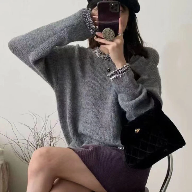 法式拼接花边圆领针织衫女秋季打底2024新款设计感上衣内搭外穿减