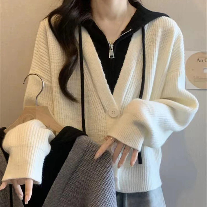 大码慵懒风连帽半拉链假两件上衣女秋冬胖妹妹宽松遮肉显瘦软糯外