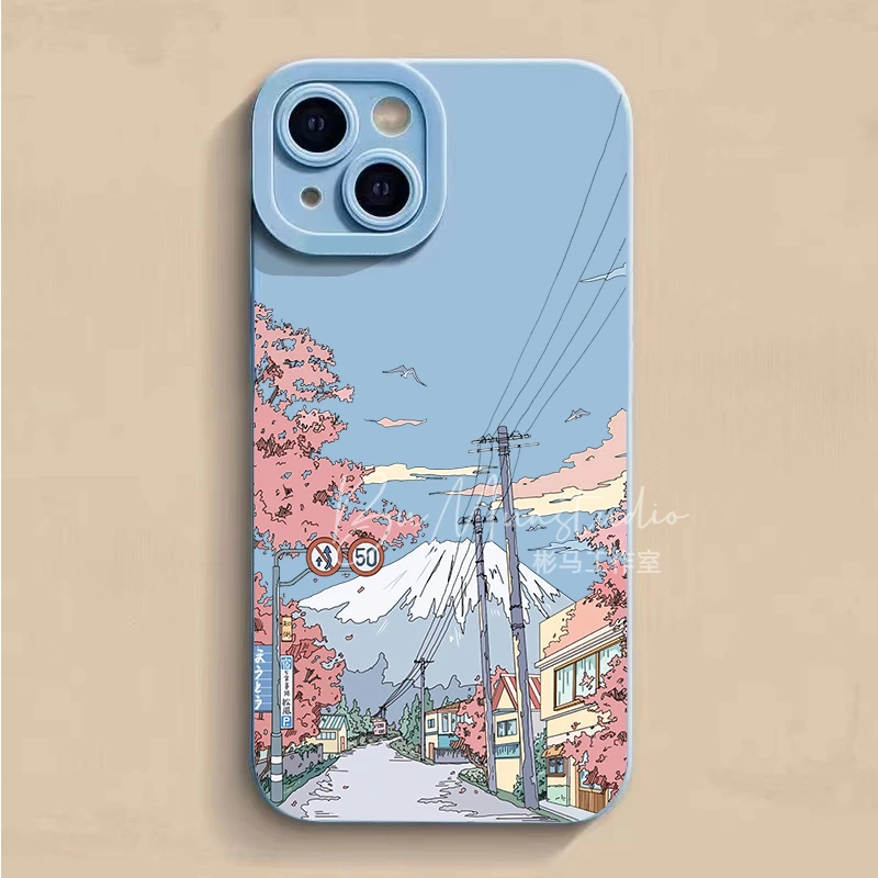 富士山苹果13手机壳iPhone14promax樱花12/11唯美x/xs新款7/8plus
