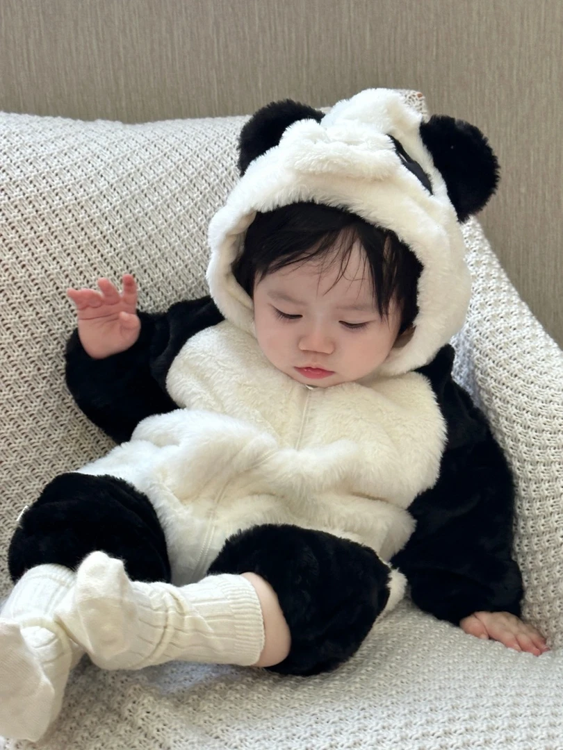 糯宝kids•秋冬季婴儿熊猫连体衣宝宝可爱毛绒保暖幼儿连帽爬服