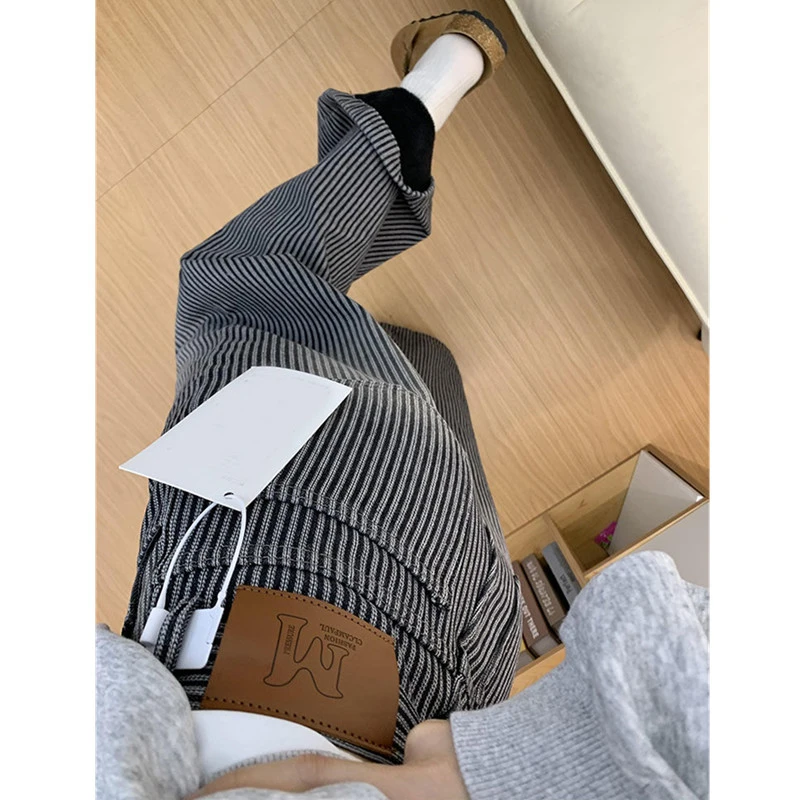 黑灰色条纹加绒阔腿牛仔裤女高腰宽松显瘦直筒拖地垂感拖地裤ins