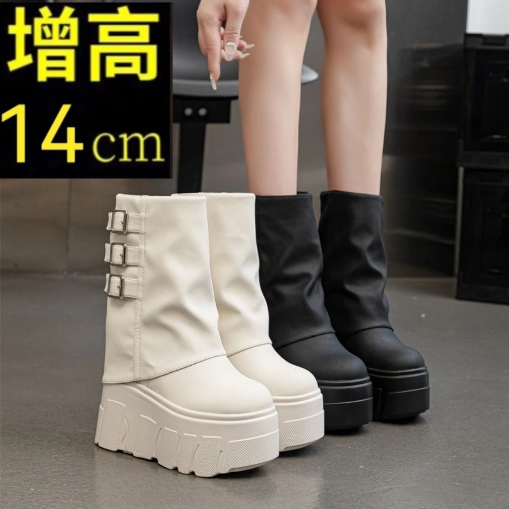 裤管马丁靴2025年秋冬季新款女式皮带扣皮靴超高跟纯色潮流炸街简