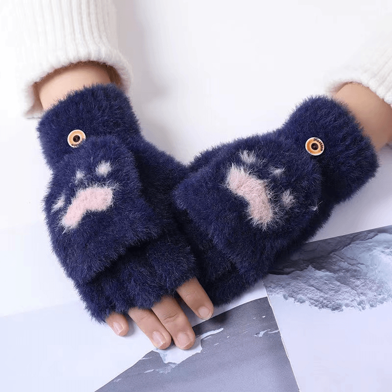 毛绒保暖手套女可翻盖仿貂毛学生半指手套男冬季