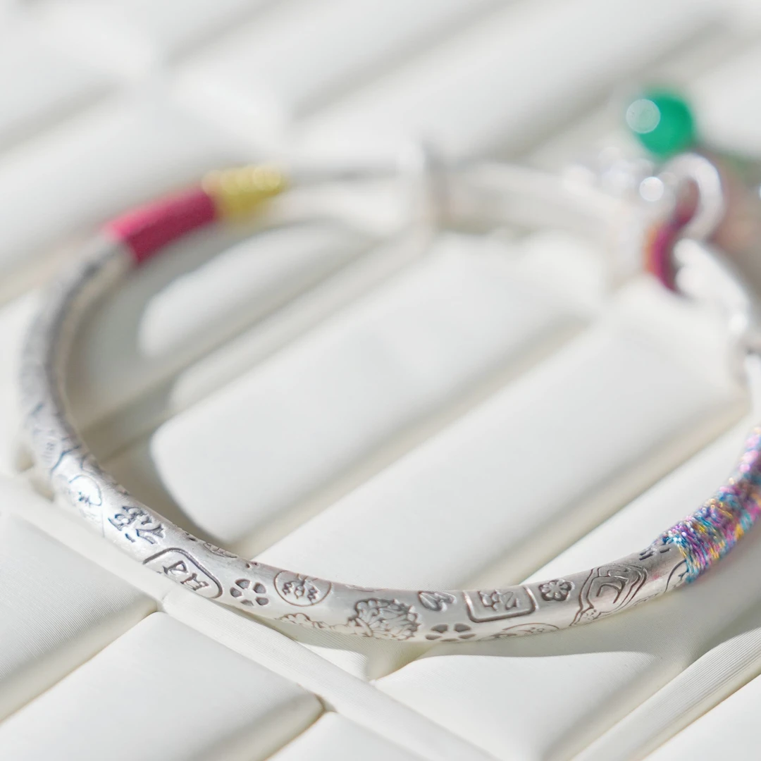 足银手镯 足银吉言手镯手环实心可调节手镯礼物时尚国风民族风