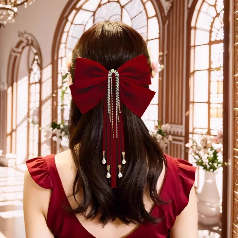 【朝暮】新年红色蝴蝶结头饰新娘敬酒服发饰女订婚晚礼服结婚简约