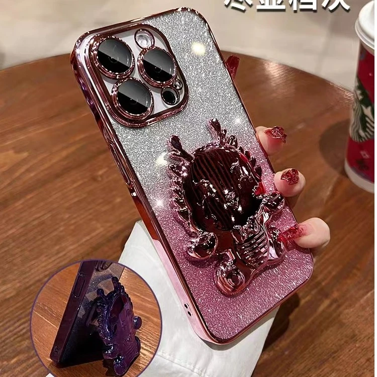 闪粉小龙支架苹果15pro手机壳iPhone14promax高级感13pro带镜头膜