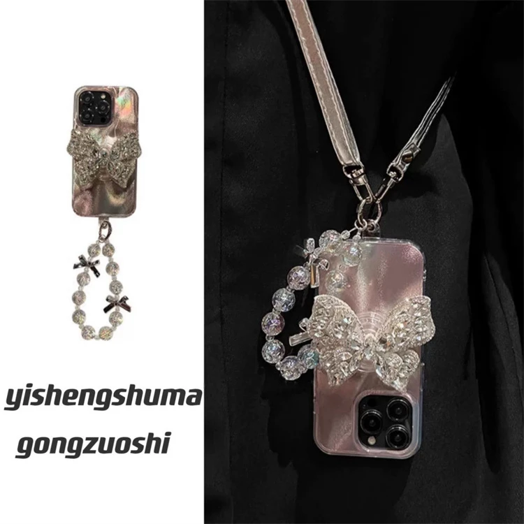 复古风羽纱棕水晶支架苹果15pro手机壳iPhone14手提13轻奢12高级