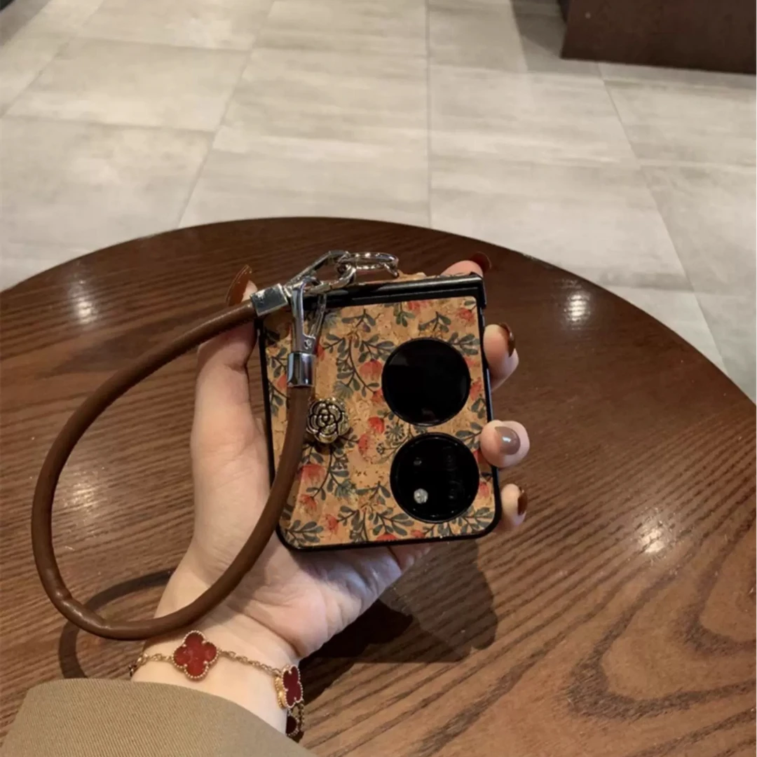 复古棕皮纹小红花山茶花手提链适用华为pocket2/s手机壳p50折叠屏