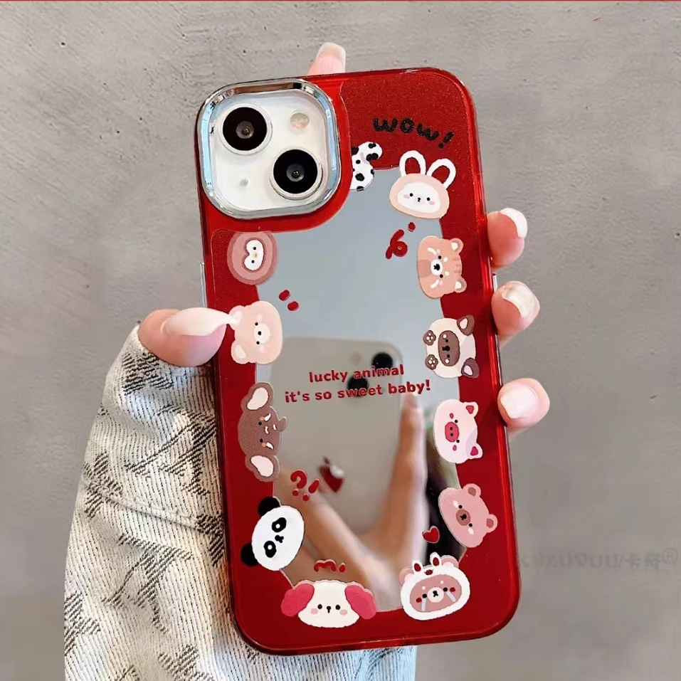 一圈动物头像镜面苹果13promax手机壳iPhone14pro卡通15pro创意12