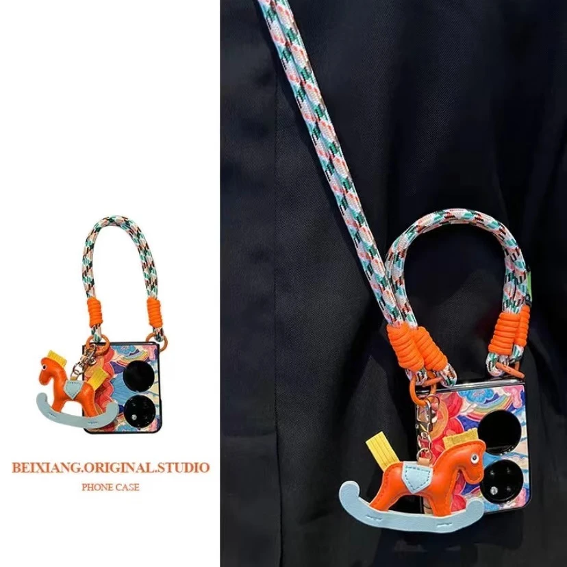 涂鸦彩虹太阳小木马挂饰适用华为pocket2手机壳zflip5折叠p50挂绳